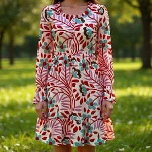 NWT RHODE Red Printed Puff 3/4 Sleeve Mini A-line Dress Sz S